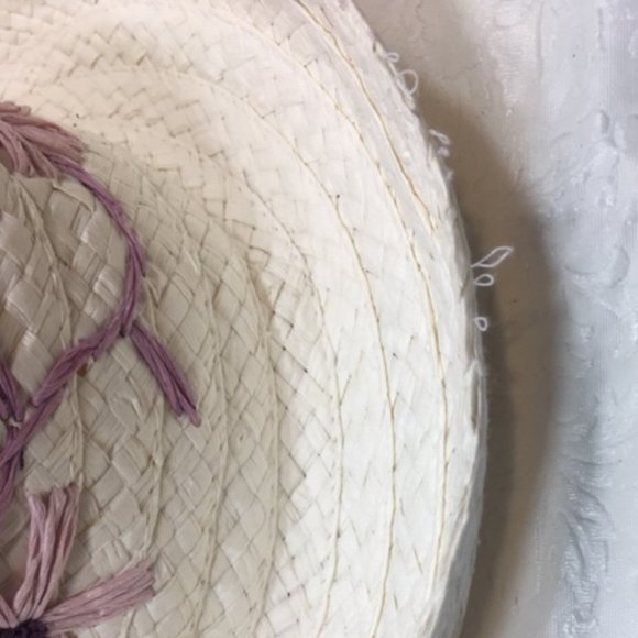 White Woven Sun Hat w/Purple Embroidered Flowers - Picture 10 of 14